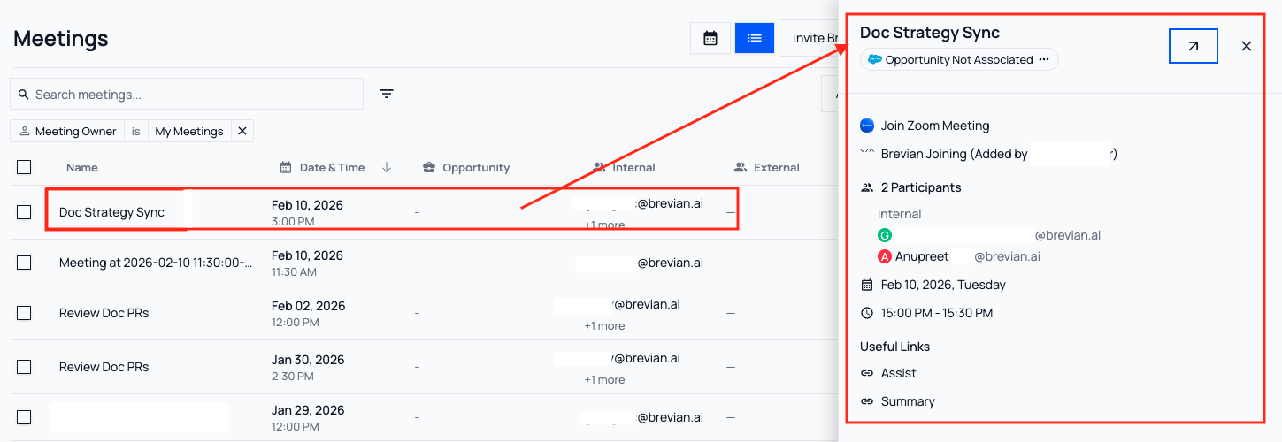 Meetings right drawer